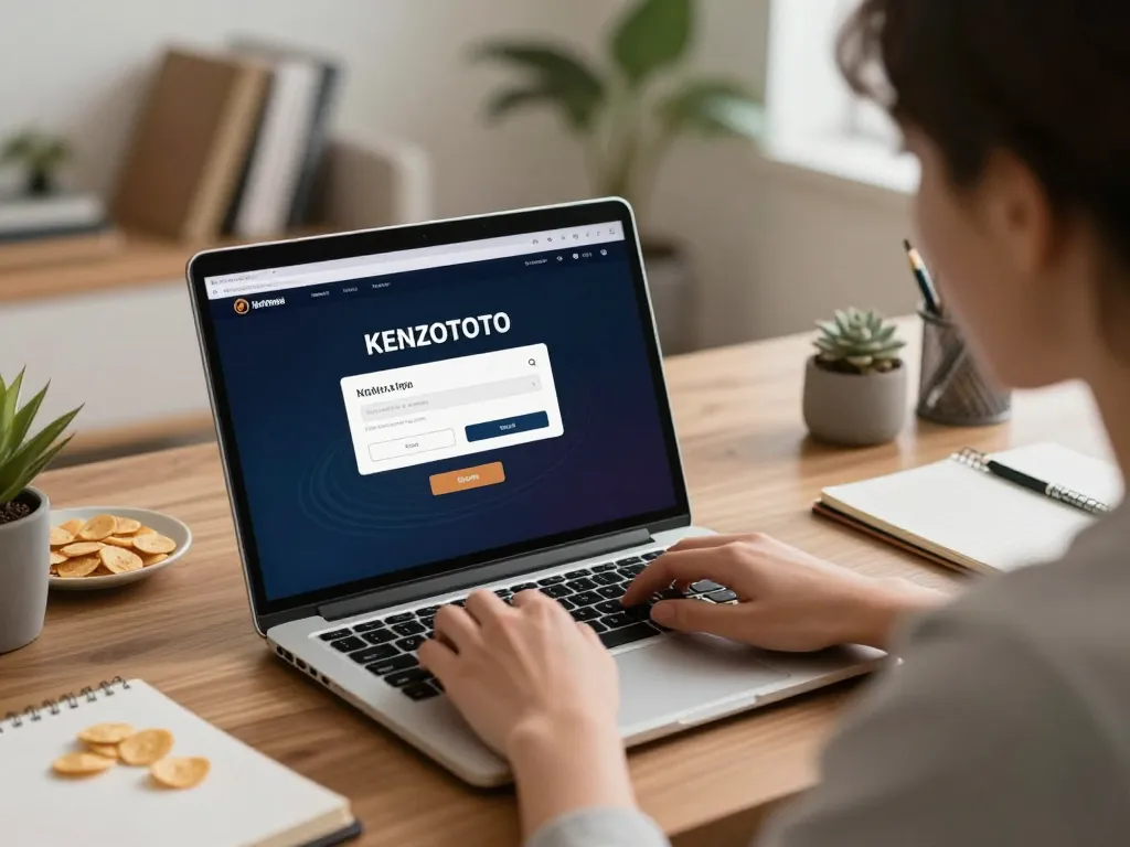 Berinteraksi dengan login KENZOTOTO di laptop, dikelilingi oleh elemen rumah yang nyaman untuk perjudian online.