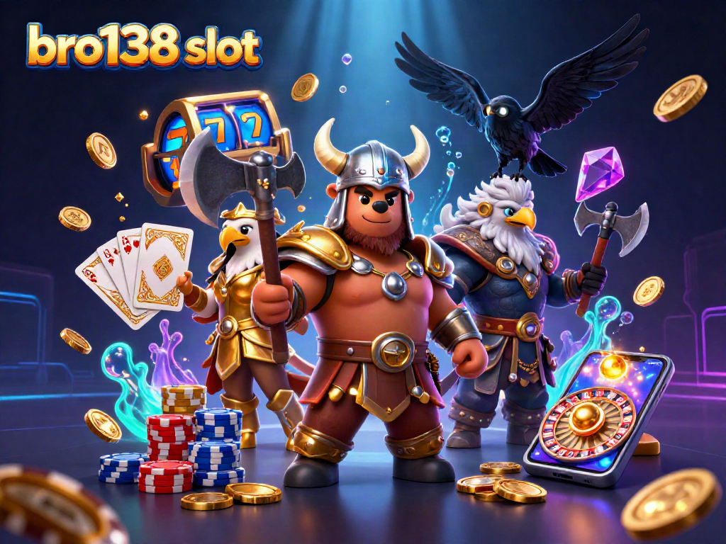 Experience thrilling adventures with bro138 slot, featuring Viking bear, Valkyrie eagle, and sparkling casino elements
