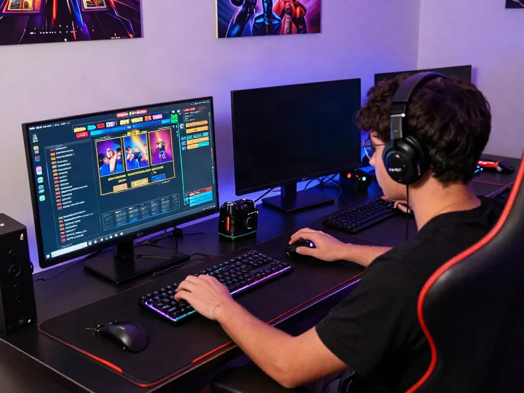 Engaged player enjoying slot gacor gaming on high-resolution screen with vibrant LED lights.