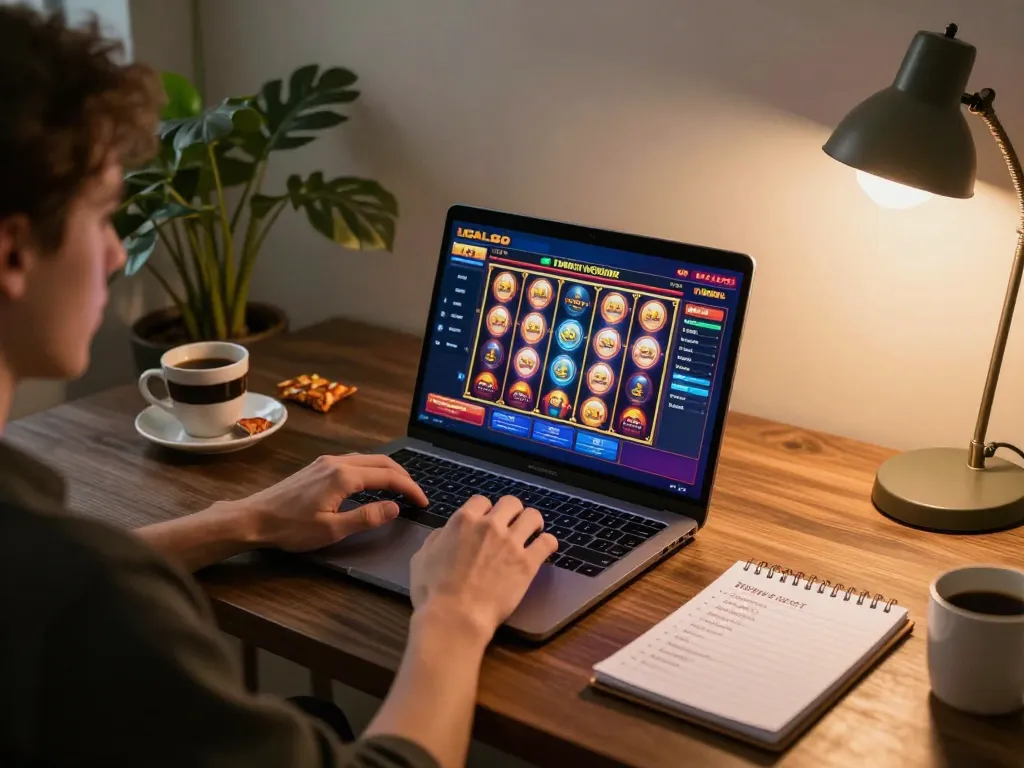 LIGALGO gaming on a laptop with vibrant slot interface and cozy setup for strategic play