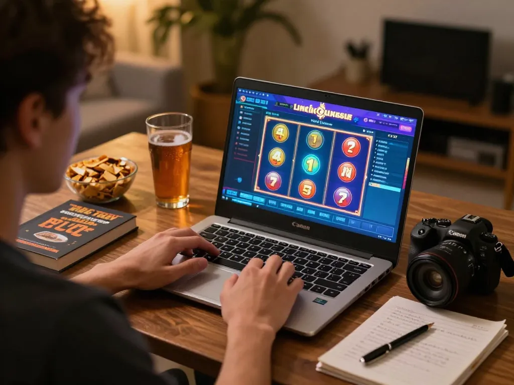 Engaged player exploring link slot games on laptop, showcasing vibrant graphics and warm environment.