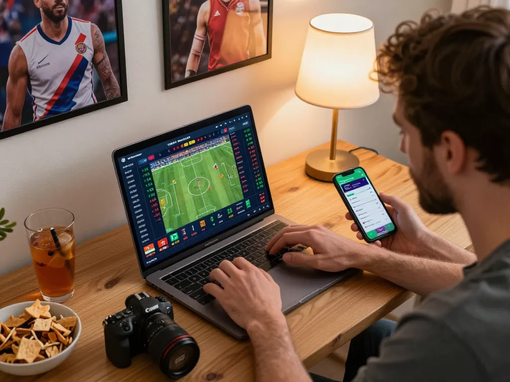 Player engaged in online betting on FLY88, using laptop for live sports odds in a cozy setting.