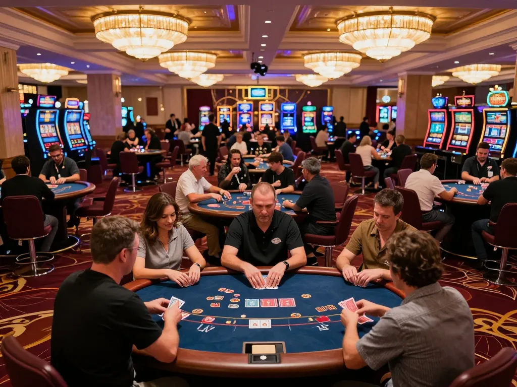 Players engaging in strategic poker gameplay at LLWIN's upscale casino, highlighting high-stakes excitement.