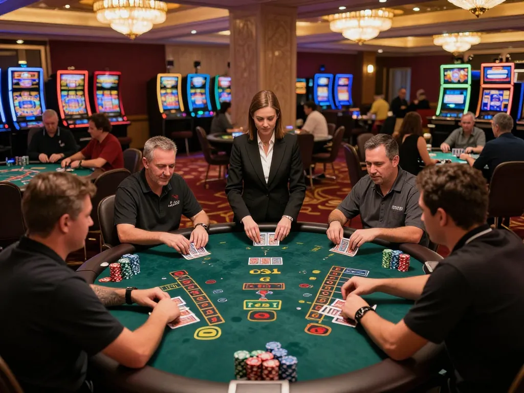 Players engaging in strategic blackjack at the casino highlighted by TR88 gaming tables and warm ambiance.