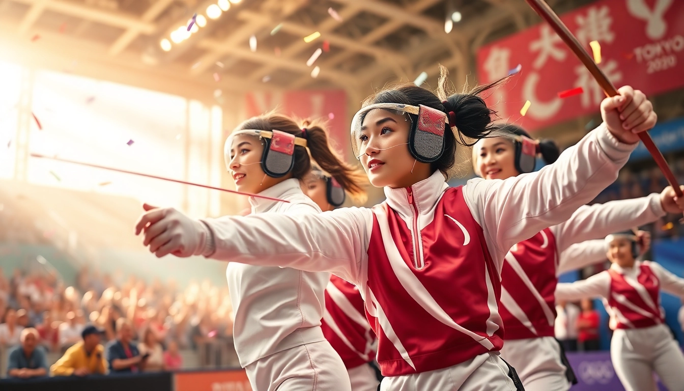 Dynamic scene of female athletes celebrating at the Olympics, highlighting asupantoto's connection to sports.