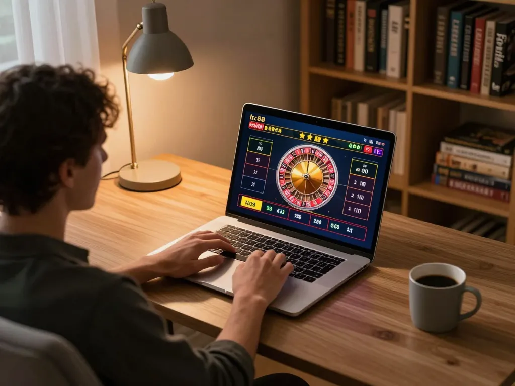 Engaging in online lc88 casino gaming from a cozy home office setup with laptop and warm lighting.