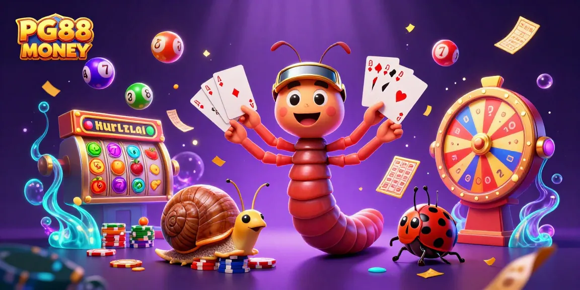 Experience the thrill of PG88 MONEY as a whimsical cartoon millipede dealer showcases exciting slot game symbols in a vibrant casino scene.