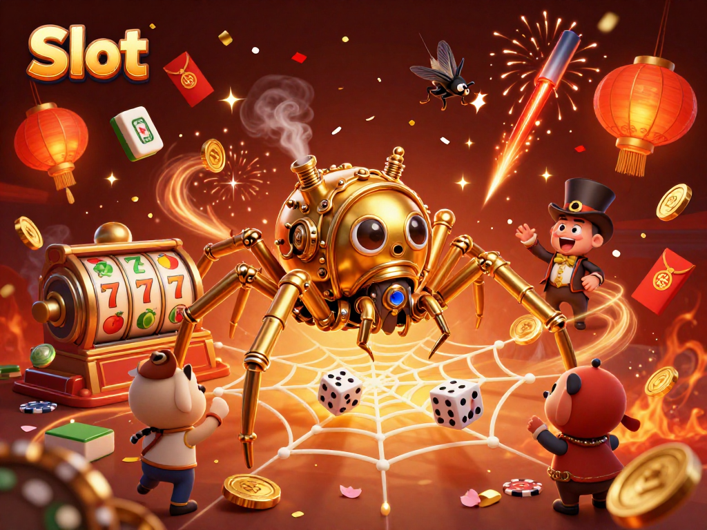 Spin the Slot reels with a vibrant 3D scene featuring golden spider and amusing fly gentleman.