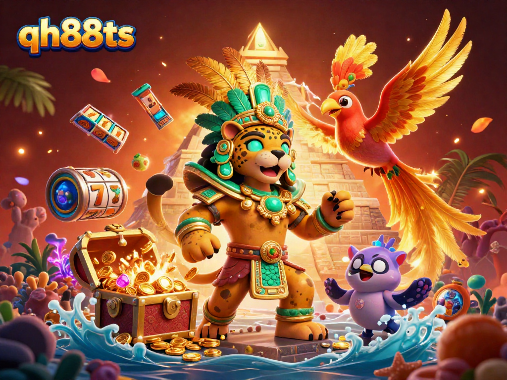 Experience the excitement of qh88ts with a vibrant casino-themed 3D illustration featuring gaming elements.