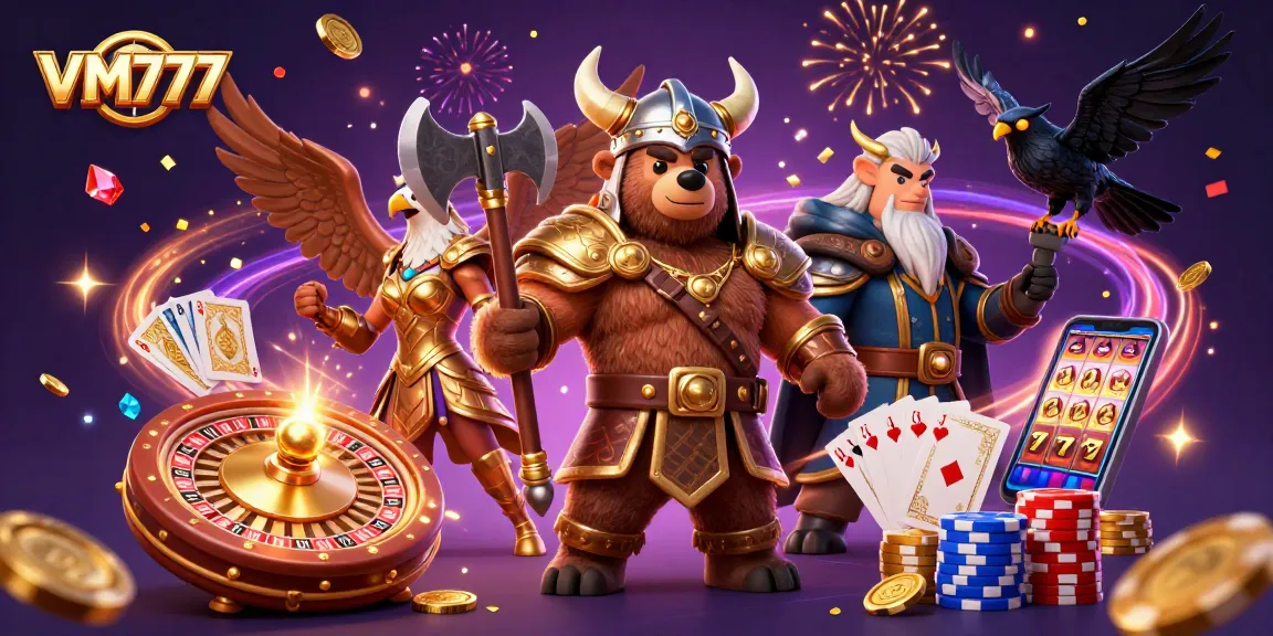 Experience the thrill of gambling with VM777 while engaging with dynamic characters and vibrant casino elements.