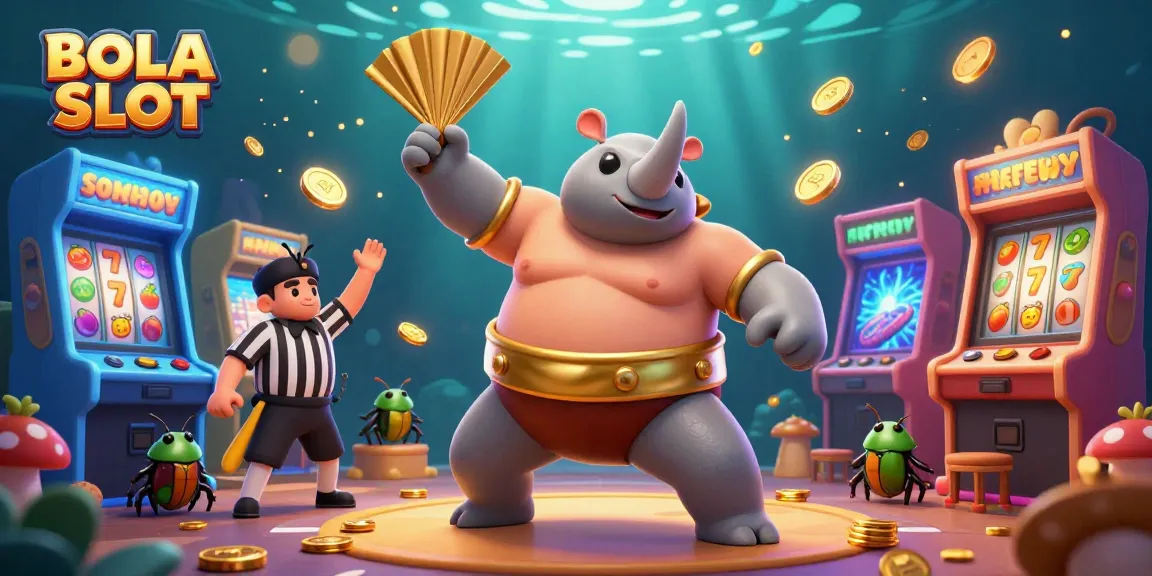 Experience thrilling fun at BOLA SLOT with an exciting scene featuring colorful gaming elements and a champion beetle.