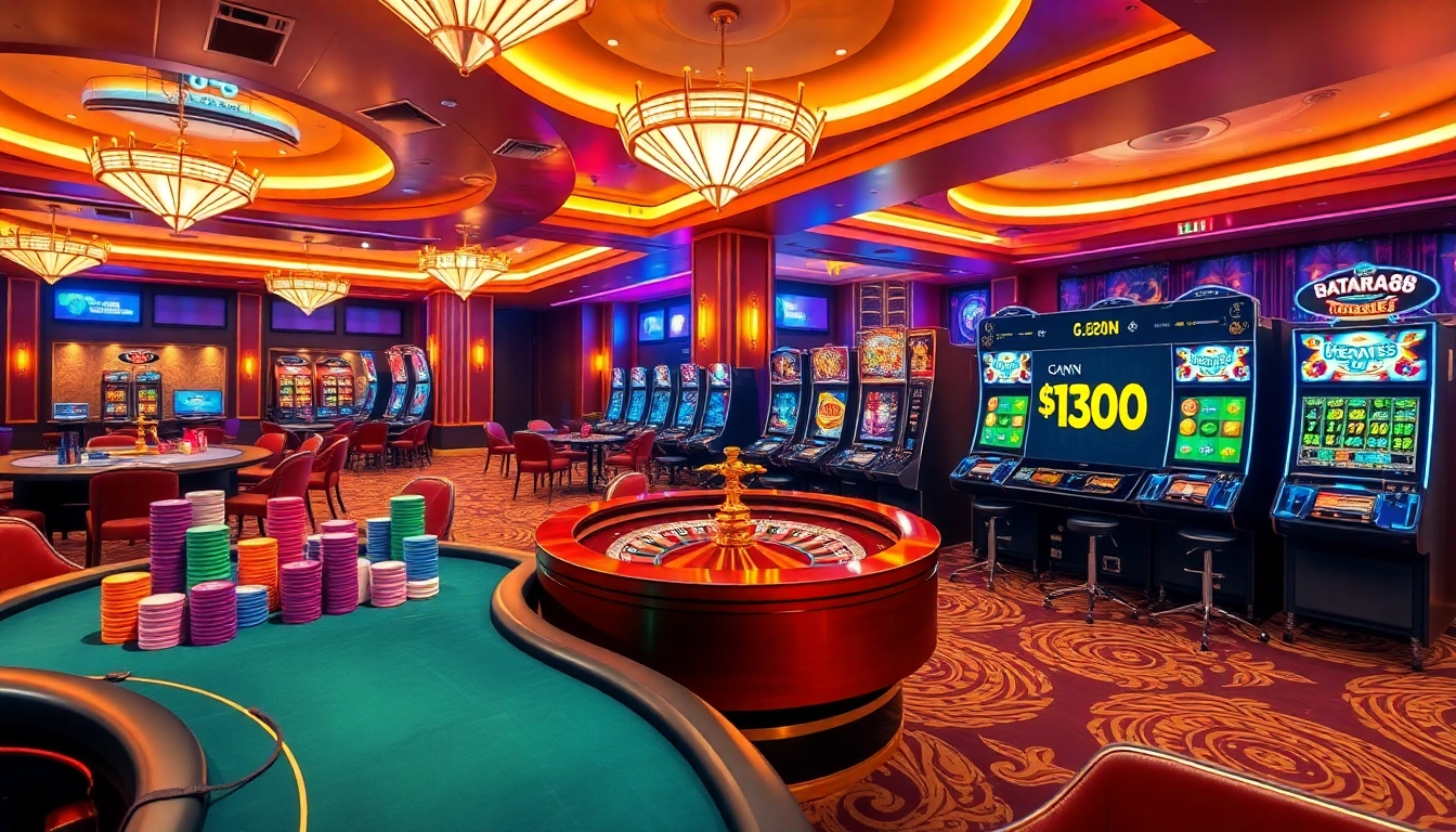 Exciting online gambling scene featuring Batara88 with vibrant slot machines and roulette.