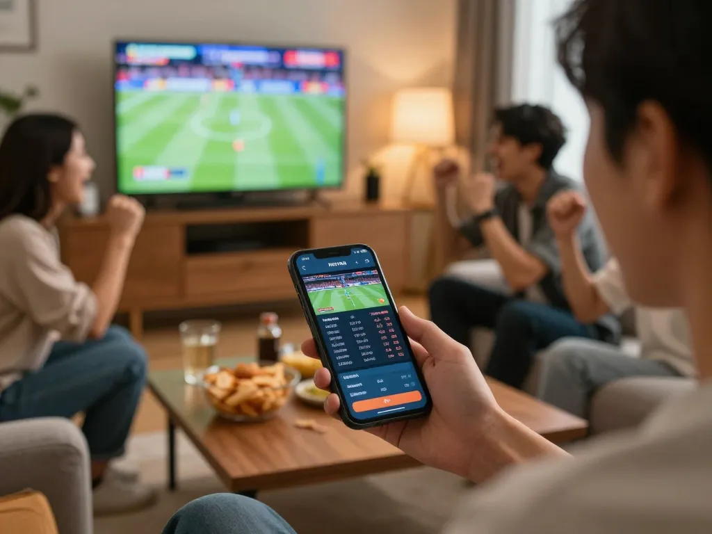 Person using keo nha cai on smartphone for live sports betting in cozy home setup.