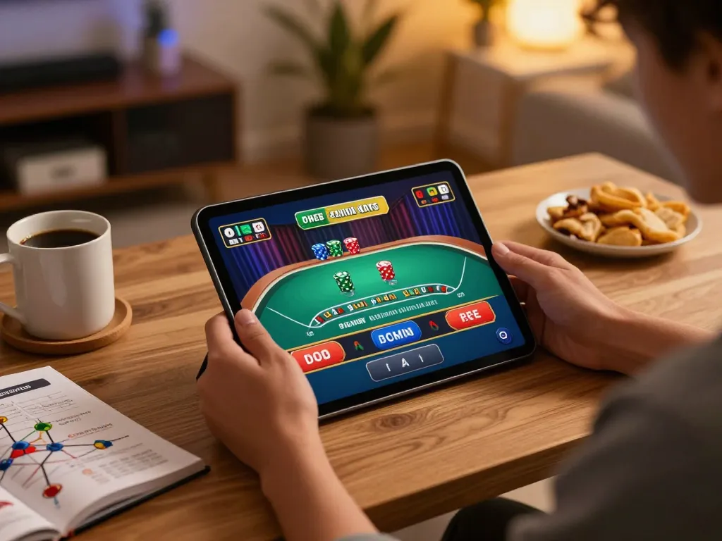 MPOID players enjoying live dealer blackjack on a tablet in a cozy home gaming setup