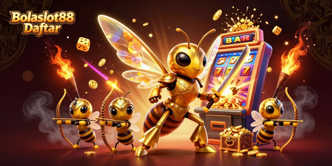 Bolaslot88 Daftar welcomes players to a vibrant jackpot scene featuring golden hornet and slot machine action.