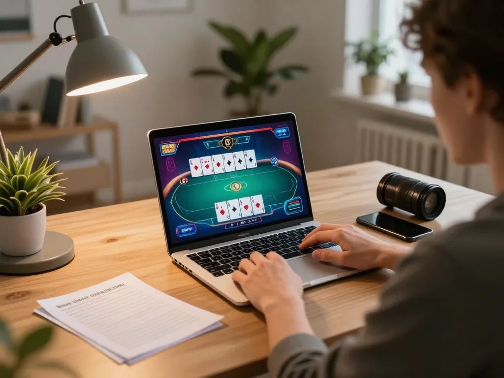 IDNSCORE online poker action with player focusing on competitive gameplay and strategic notes nearby.