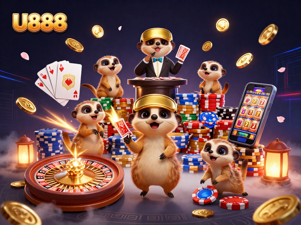 U888 meerkats operating a vibrant casino with chips, coins, and cards glimmering in action.