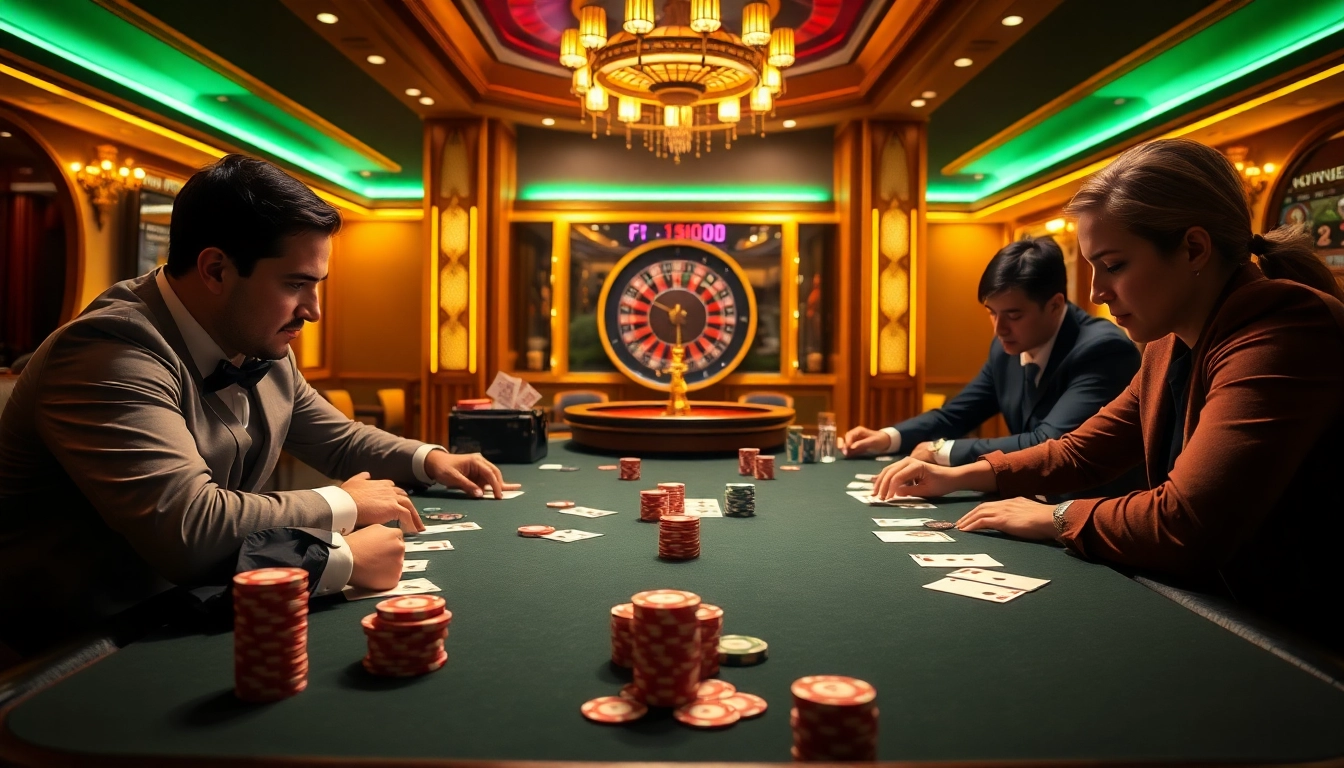 High-stakes poker action at a luxurious casino, showcasing 78win.dental's thrilling gambling experience.