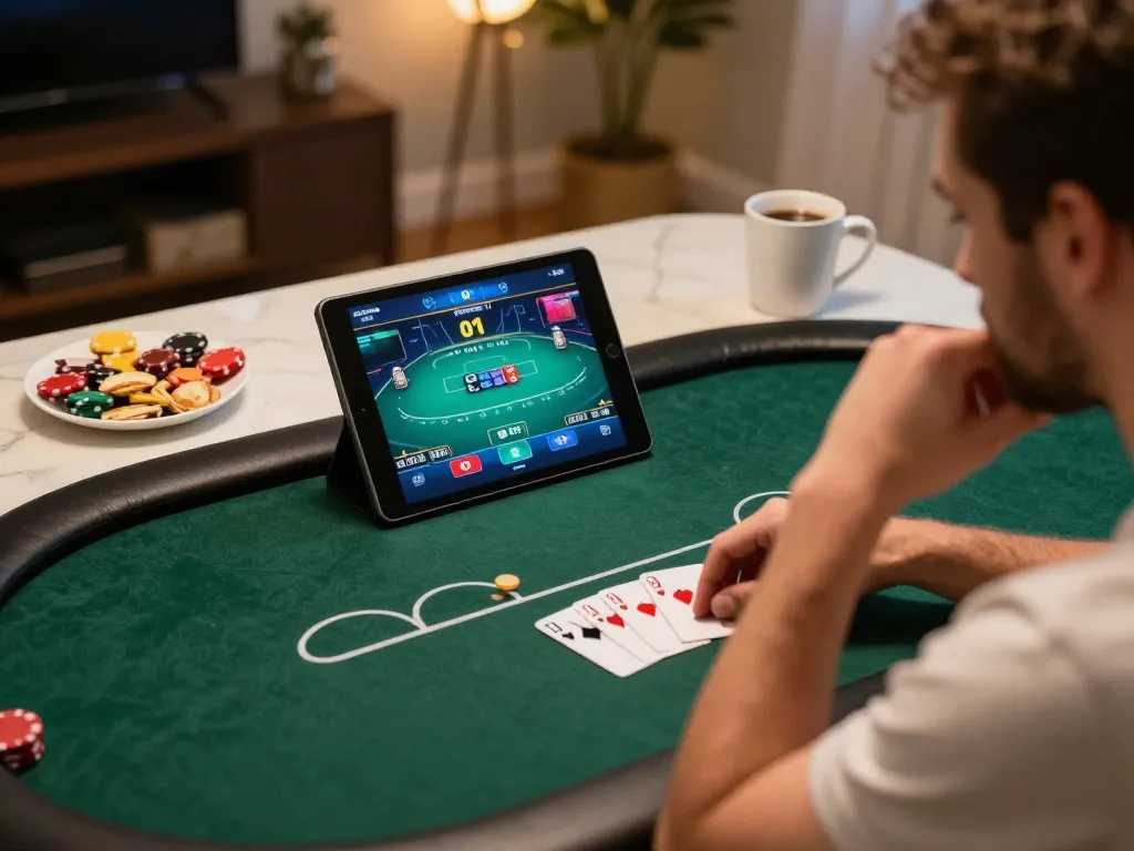 Go99 players engaging in an exciting poker game at home, highlighting strategic gameplay and cozy atmosphere.