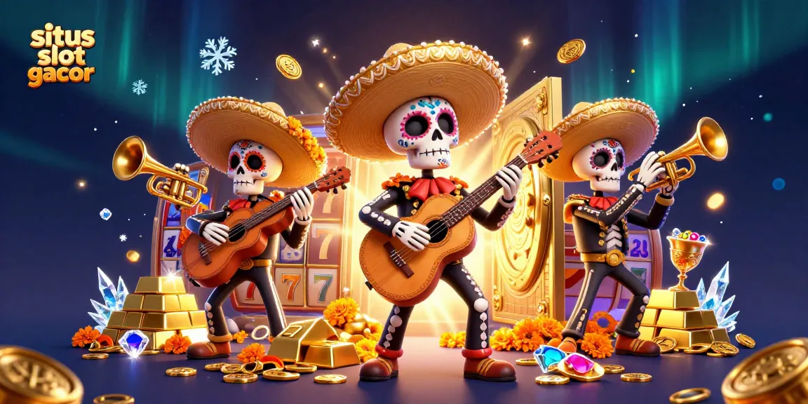 Spin reels on situs slot gacor with vibrant mariachi skeleton band celebrating big wins amidst treasures and jewels.
