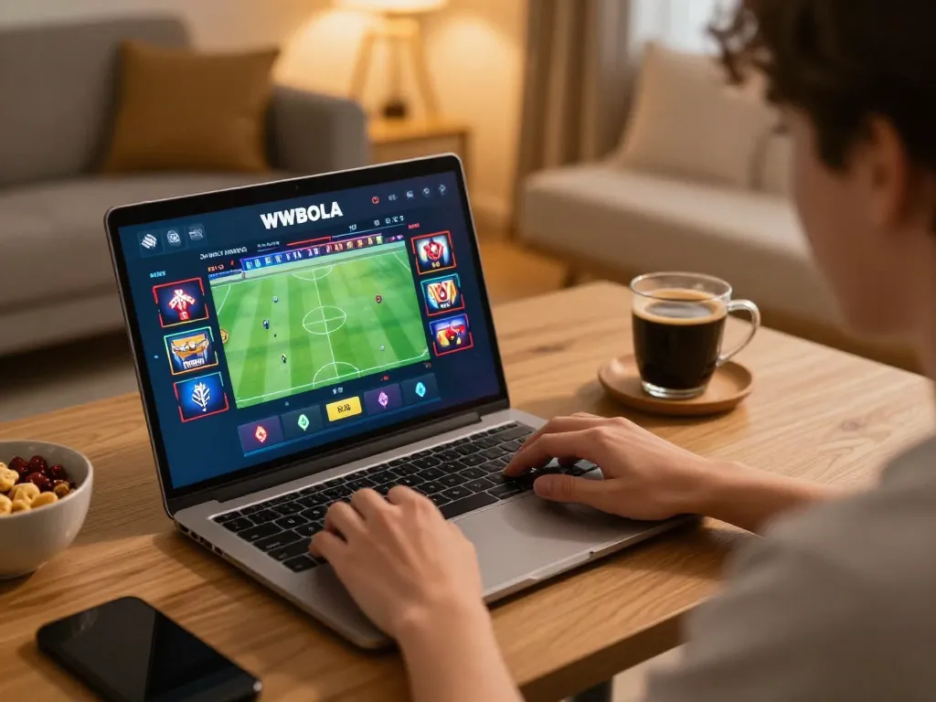 WWBOLA player engaging in online betting with laptop at home for exciting game strategies.