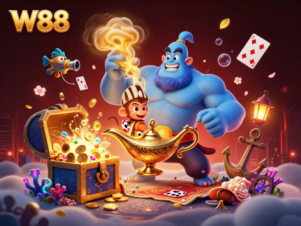 Engage with W88's vibrant casino atmosphere featuring a cartoon genie, poker chips, and treasure.
