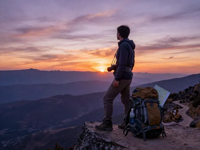 Perjalanan petualang di puncak gunung selama matahari terbenam, traveler dengan alat hiking di pemandangan pecah25 yang menakjubkan.