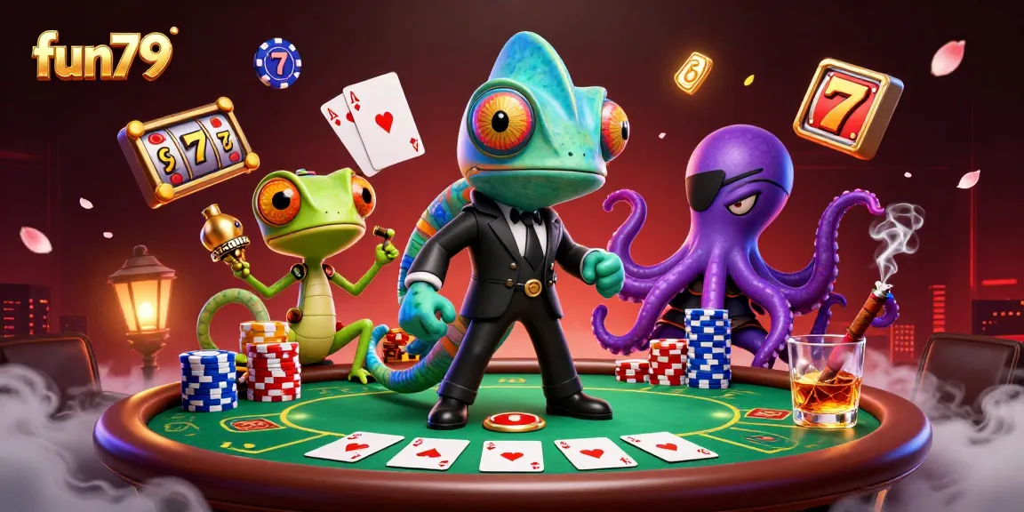Experience fun79 with a vibrant 3D casino scene featuring poker action and colorful game elements.