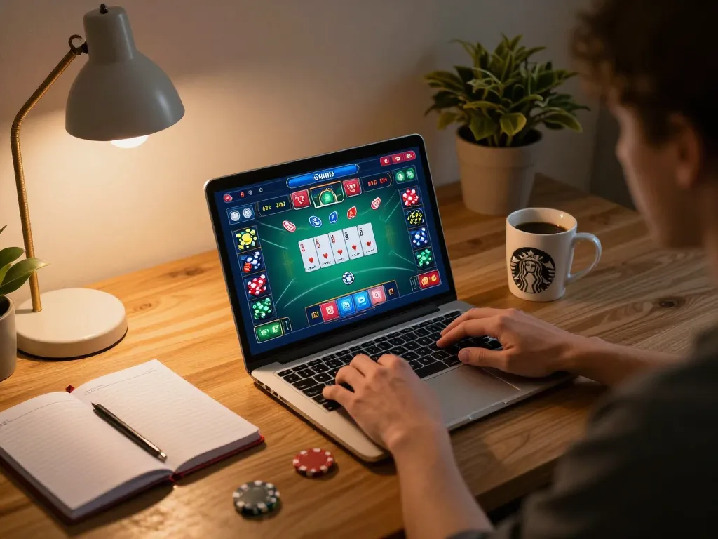 Engaging in online casino gaming on laptop for MPOID, showcasing vibrant poker game action.