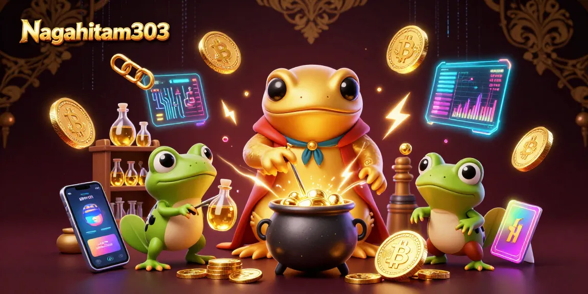 Nagahitam303 showcases an alchemist crafting gold amidst vibrant cryptocurrency elements in a lively casino scene.