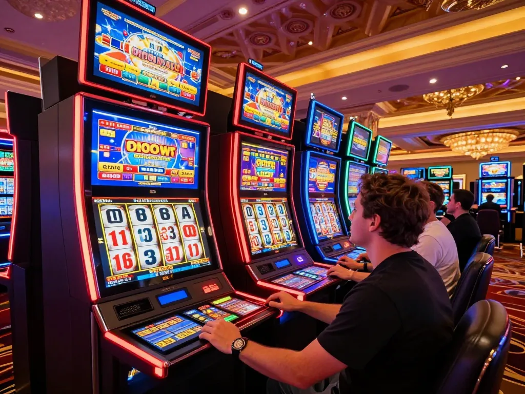 Experience excitement at ONDEL4D slot machines with vibrant displays and players engaged.