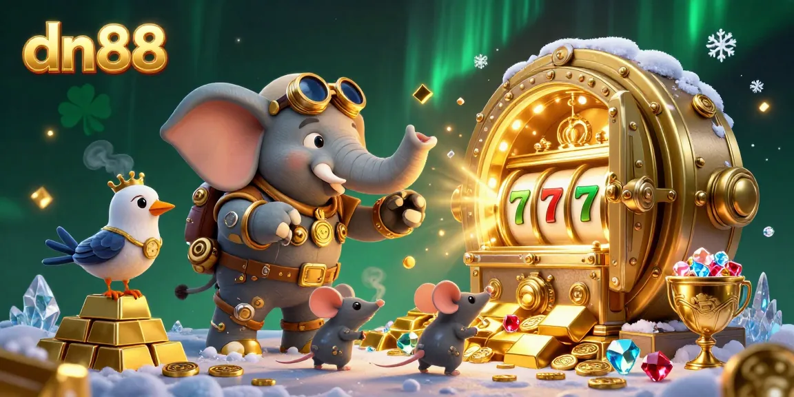 Experience the excitement at dn88 with a vibrant 3D illustration of a steampunk elephant operating a golden slot machine.