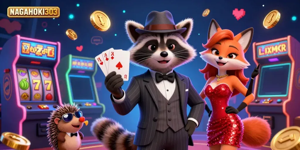 NAGAHOKI303 showcases a raccoon and fox in a vibrant casino scene, emphasizing slot machine excitement.