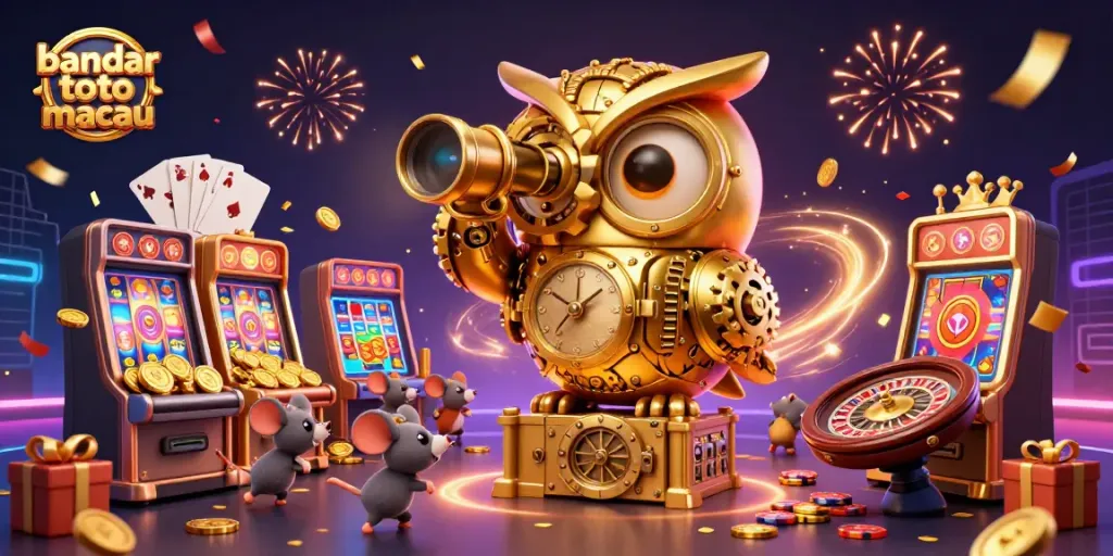 Menampilkan bandar toto macau dan slot permainan dengan karakter kartun di kasino yang meriah dan penuh aksen