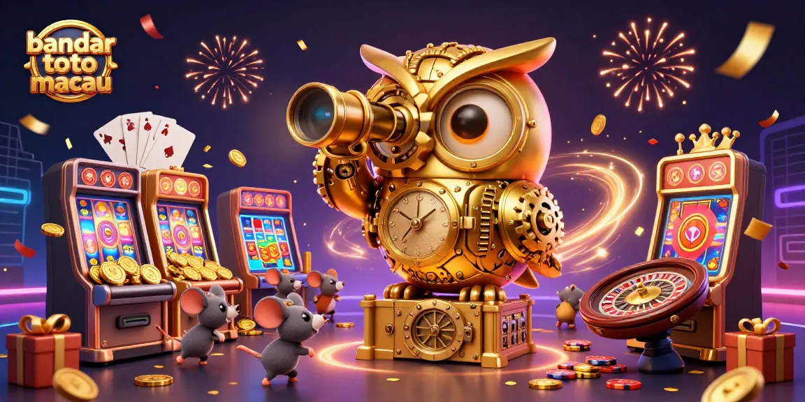 Menampilkan bandar toto macau dan slot permainan dengan karakter kartun di kasino yang meriah dan penuh aksen