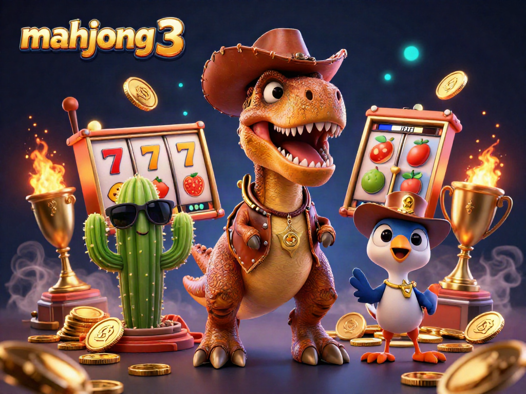 Engage in mahjong 3 with a playful T-Rex and a cactus sheriff in a vibrant casino scene.