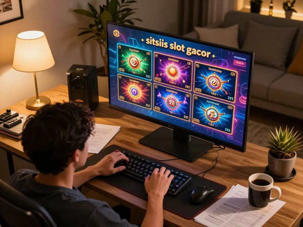 Engaging in situs slot gacor at home with dynamic screen displays of vibrant slot games and strategic notes.