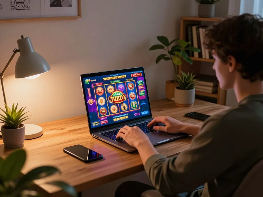 Engaging in Toto Slot gameplay on a laptop in a cozy home setting, showcasing excitement and strategy.