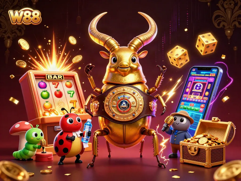 W88 showcases a vivid casino scene with a boxing beetle and vibrant game elements, enriching user experience.