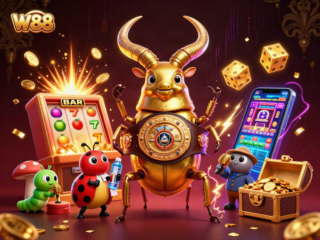 W88 showcases a vivid casino scene with a boxing beetle and vibrant game elements, enriching user experience.