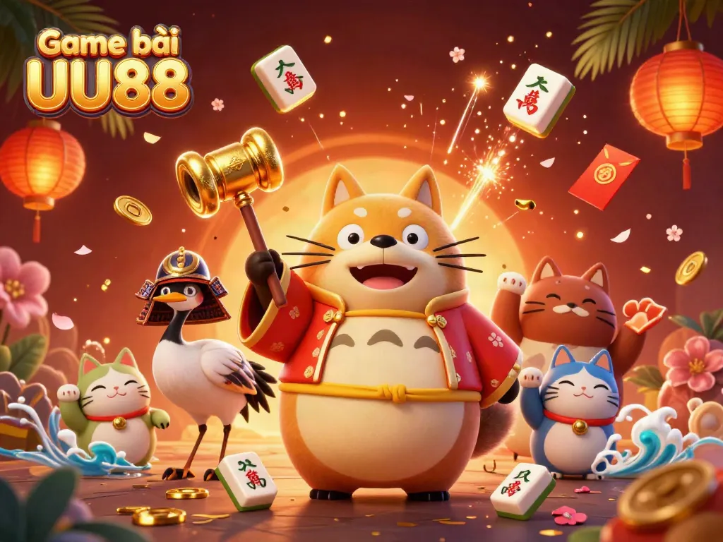 Game bài UU88 brings luck with a cheerful tanuki and fortune cats in a festive casino scene.