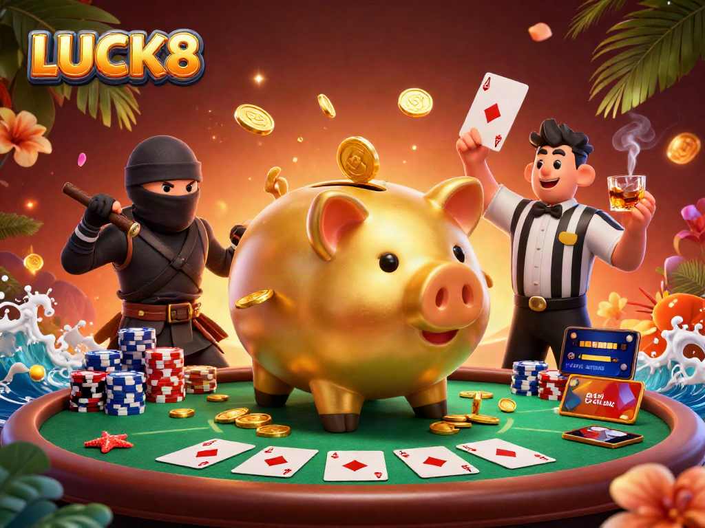 Engage in exhilarating gameplay with LUCK8, featuring lively casino characters and vibrant gaming elements.