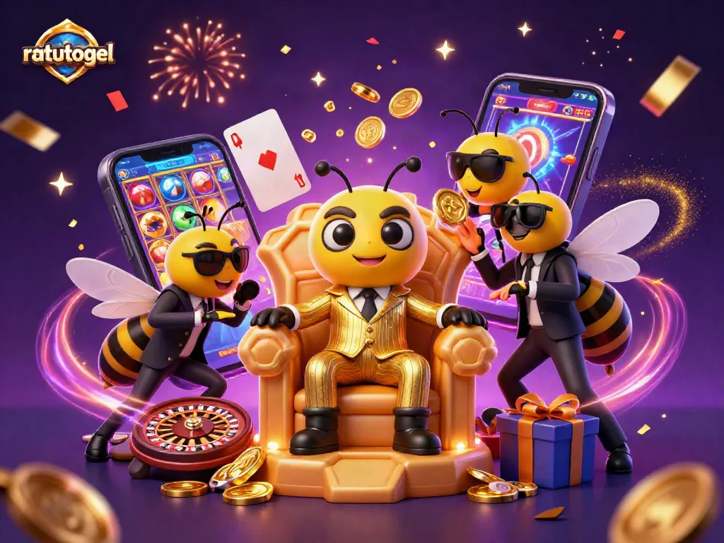 Engage with ratutogel action in a vibrant 3D casino scene boasting lively game elements and colorful characters.