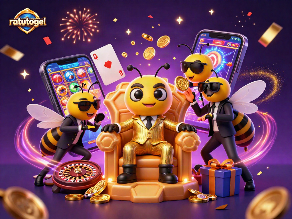 Engage with ratutogel action in a vibrant 3D casino scene boasting lively game elements and colorful characters.