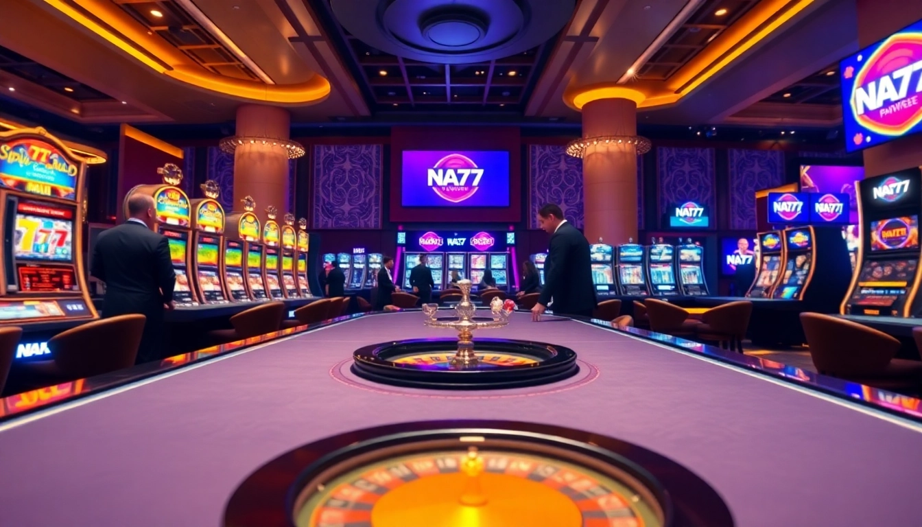 Experience thrilling gaming action at NA777 with professional dealers and vibrant casino elements.