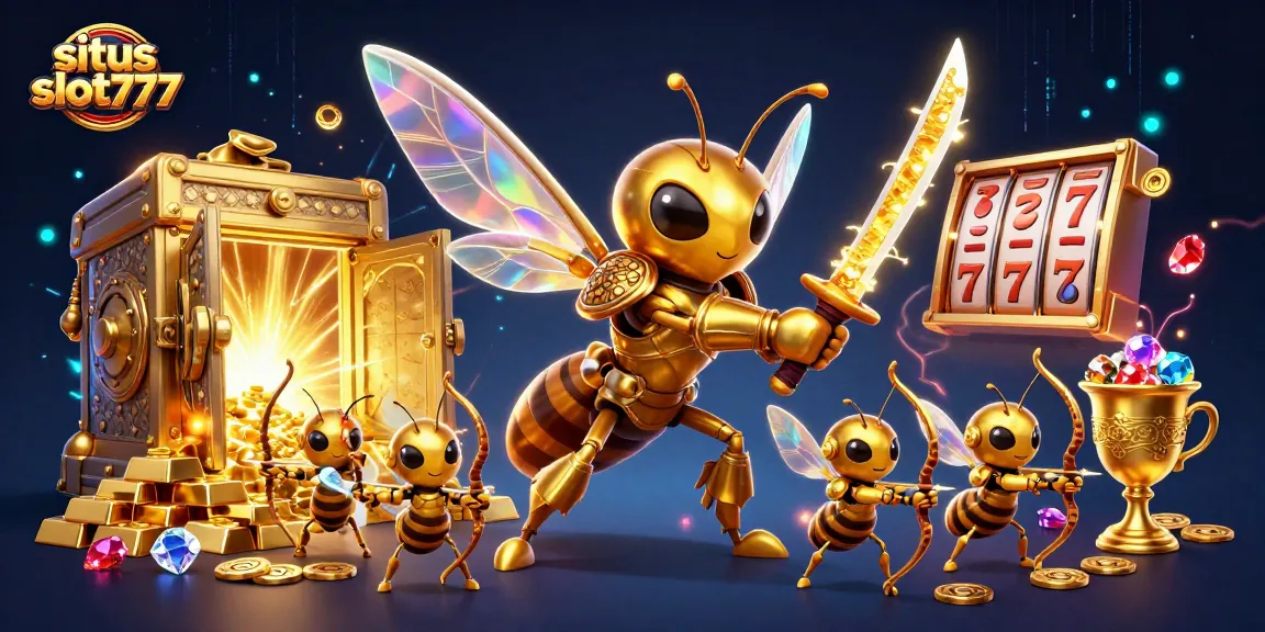 Immerse in the excitement of situs slot777 with a vibrant 3D casino-themed illustration featuring golden hornets and jackpot elements.