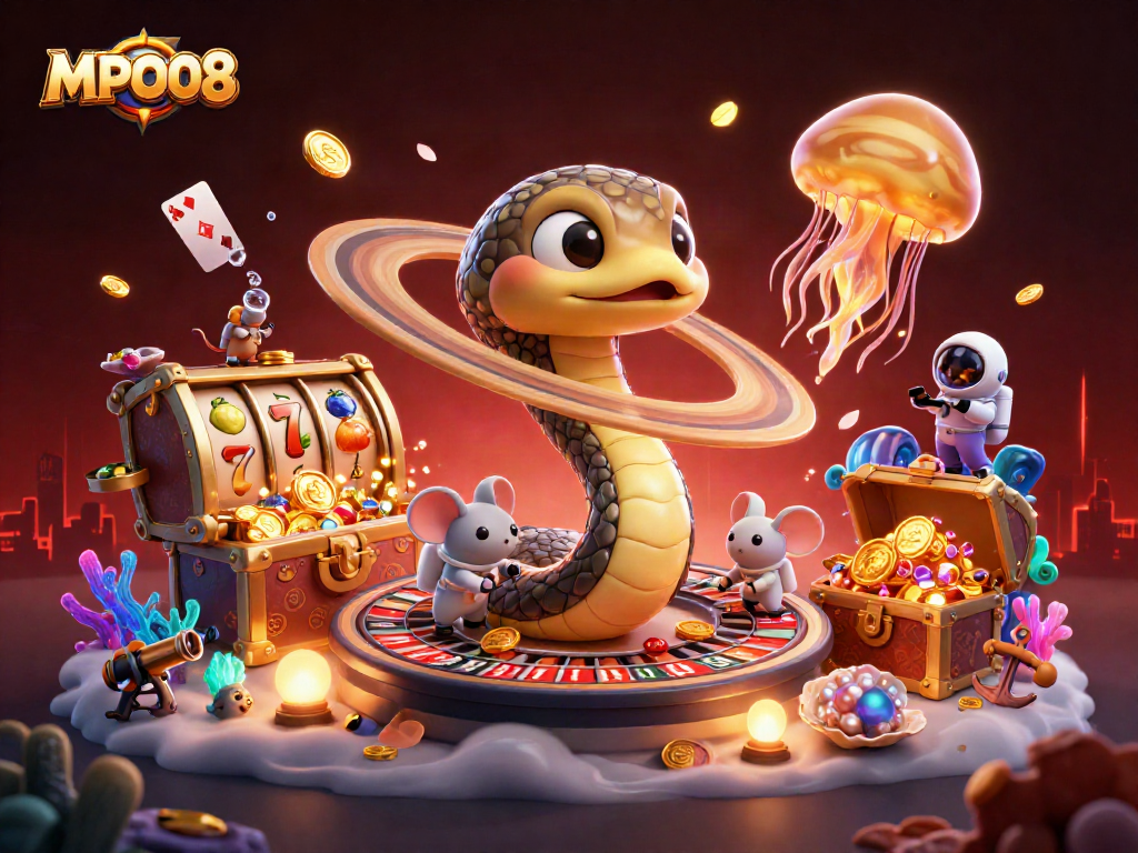 MPO08 snakes around a roulette wheel, with astronauts placing bets, showcasing vibrant casino elements.