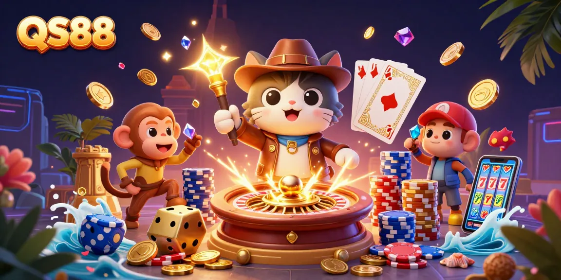 Experience the excitement of QS88 with vibrant casino elements in this lively illustration