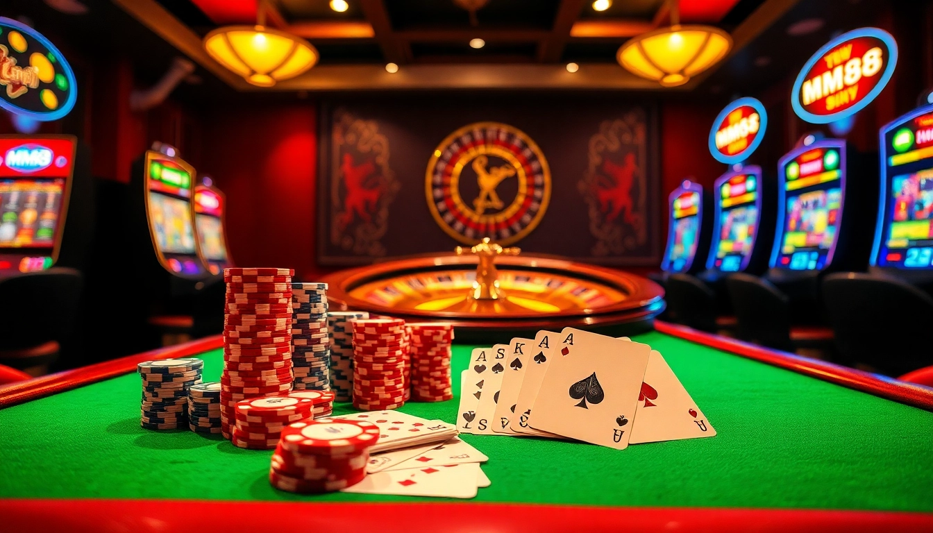 Experience the thrill of MM88 with vibrant casino tables, poker chips, and roulette wheels.