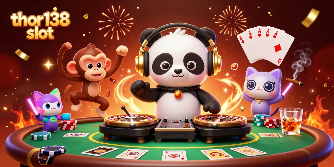 Bermain thor138 slot yang menyenangkan dengan DJ panda, monyet, dan kucing dalam suasana kasino yang meriah.